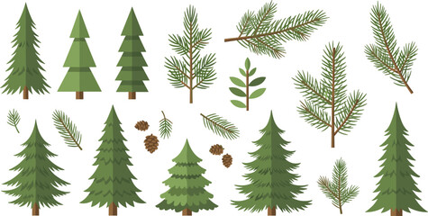 Obraz premium Vector set of evergreen pine trees and spruce branches with pinecones for winter holiday decor forest nature designs and mountain adventure graphics.