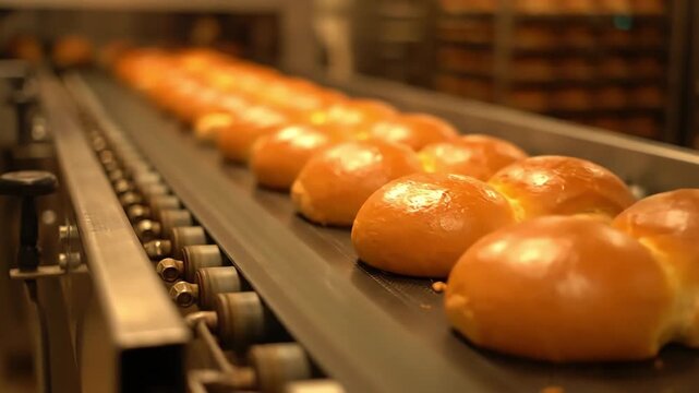 Freshly baked golden bread rolls moving along a conveyor belt in a commercial bakery.