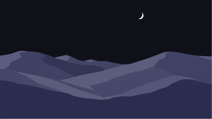 Fototapeta premium Desert dunes at night under starry sky with moon. Illustration of desert landscape at night. 