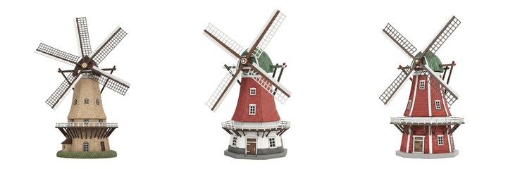 Set and collection of traditional Dutch windmills in red and beige colors from various angles isolated on white transparent PNG background. © universalworker