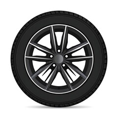 Obraz premium Graphic depiction of a vehicle tire, featuring a black tire with a dark, modern alloy wheel design. Isolated on a white background