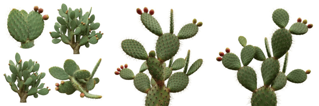 Set and collection of prickly pear cactus plants with red fruits in various growth stages and angles isolated on white transparent PNG background.