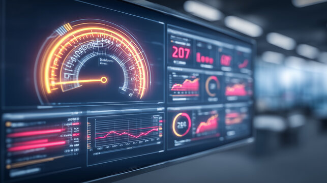A digital dashboard with speedometer and analytics charts represents performance monitoring, operational metrics, and real time business intelligence.

