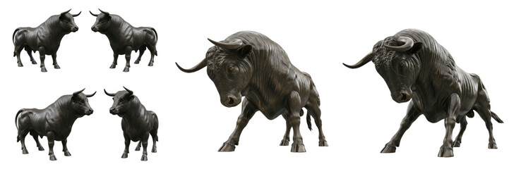 Fototapeta premium Set and collection of Spanish Osborne bull silhouettes and bronze sculptures, iconic symbol of Spain from various angles isolated on white transparent png background.