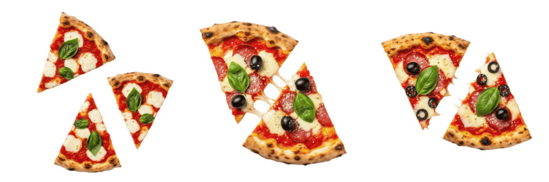 Set and collection of delicious Italian pizza slices with melted mozzarella, basil, and olives, fresh margherita and pepperoni portions isolated on white transparent png background.