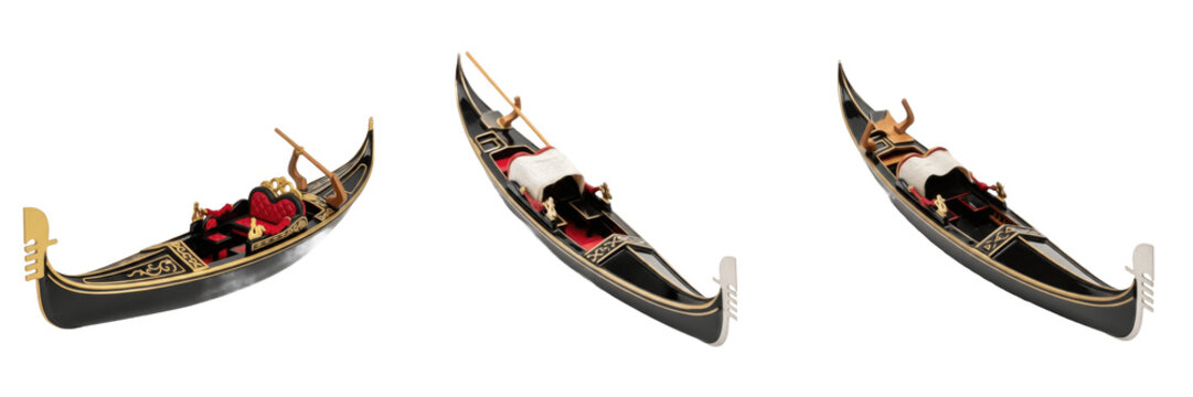 Set and collection of traditional Venetian gondolas from various angles, authentic Italian rowing boats isolated on white transparent png background.