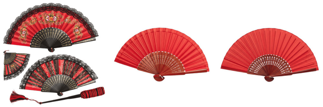 Set and collection of elegant red Spanish hand fans with lace and floral embroidery, traditional flamenco folding fans isolated on white transparent png background.