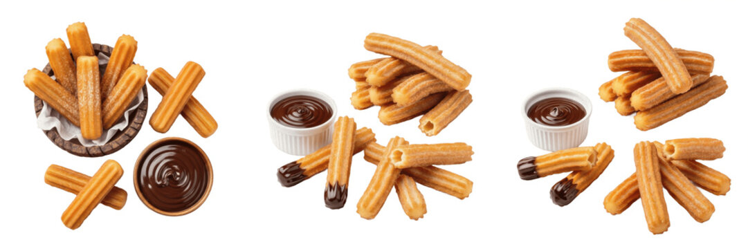 Set and collection of crispy golden churros with chocolate dipping sauce, traditional Spanish fried dough pastry snacks isolated on white transparent png background.