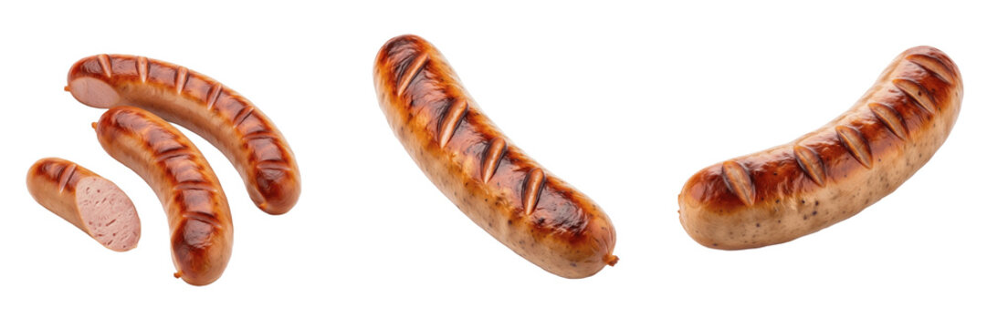 Set and collection of delicious grilled bratwurst sausages with grill marks, traditional roasted german frankfurters isolated on white transparent png background.