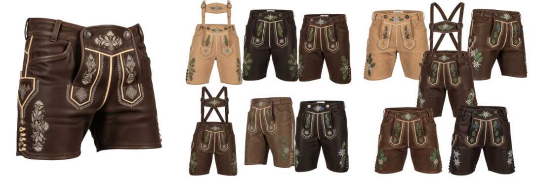 Set and collection of traditional German lederhosen and Bavarian leather breeches with embroidery, authentic alpine costumes isolated on white transparent png background.