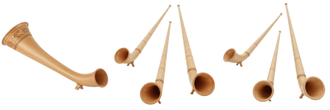 Set and collection of traditional Swiss alphorns, long wooden musical instruments from various angles and perspectives isolated on white transparent png background.