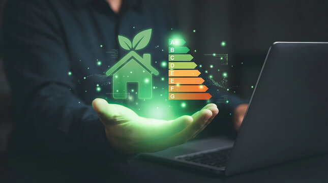 A glowing green hand presents a digital icon of a sustainable house with leaves and an energy efficiency rating scale A to G alongside a laptop in a d