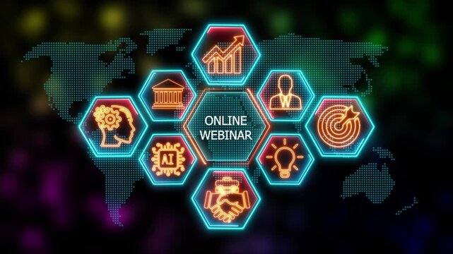 Glowing Neon online webinar concept animation. Business, Technology, Internet and network concept. Financial success concept on virtual screen. 4k