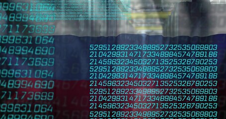 Fototapeta premium Data overlaying white blue red tricolor, streaming turquoise code on glass, showing hall reflection