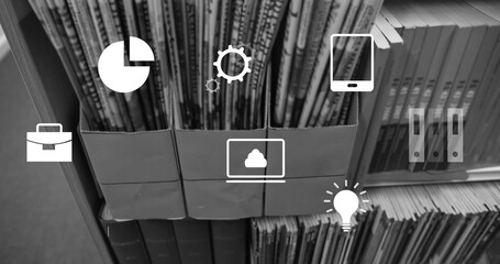 Displaying three cardboard holders with upright magazines on study shelf showing laptop cloud icon © vectorfusionart