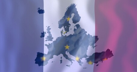 Fototapeta premium Displaying dark blue European map silhouette over vertical tricolor flag, showing yellow stars