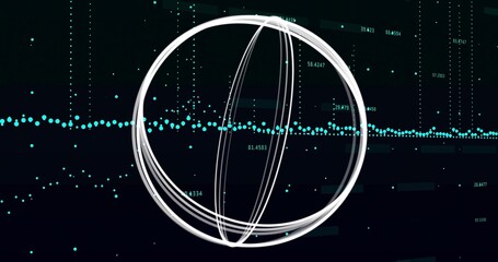 Rotating white elliptical rings forming sphere in abstract dashboard, with turquoise dotted band