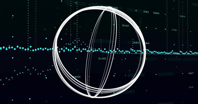 Rotating white elliptical rings forming sphere in abstract dashboard, with turquoise dotted band
