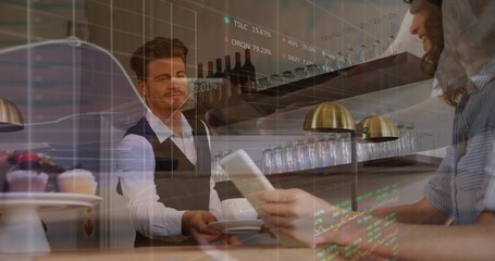 Handing server wearing white shirt and dark vest extending cup at cafe counter with stock charts © vectorfusionart