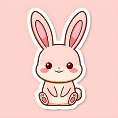 Obraz premium Cute Kawaii Bunny Sticker Cartoon Illustration, Adorable Rabbit Character with Pink Ears