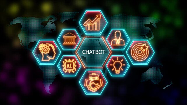 Glowing Neon chatbot concept animation. Business, Technology, Internet and network concept. Financial success concept on virtual screen. 4k