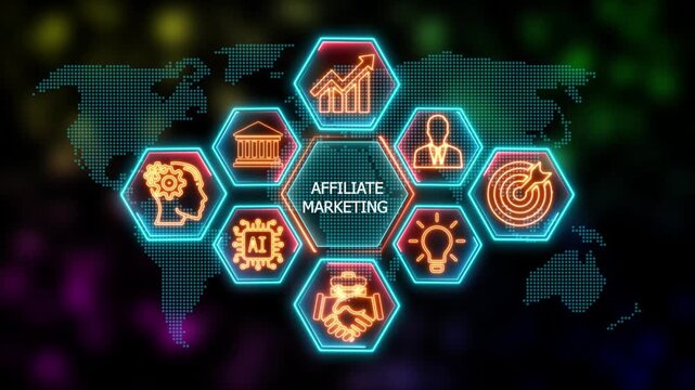 Glowing Neon affiliate marketing concept animation. Business, Technology, Internet and network concept. Financial success concept on virtual screen. 4k