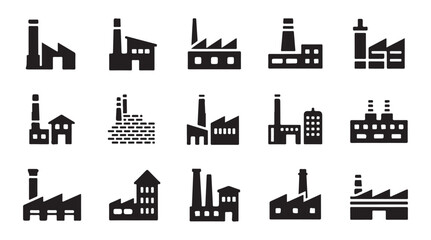 Naklejka premium Industrial factory building icons set. plant or manufacturing facility simple black symbols