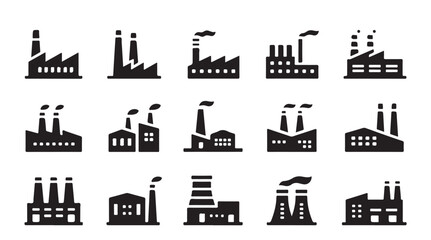 Fototapeta premium Industrial factory building icons collection with various chimney designs and smoke clouds