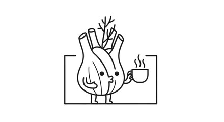 Fototapeta premium Cute Fennel Character Holding Coffee Cup, Kawaii Food Illustration