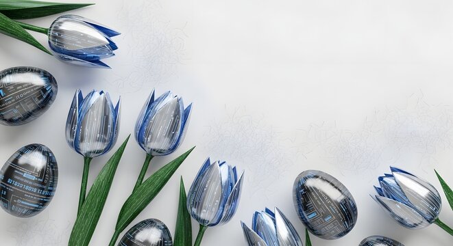 Cybernetic Silver flower and Easter Egg Holiday Decoration