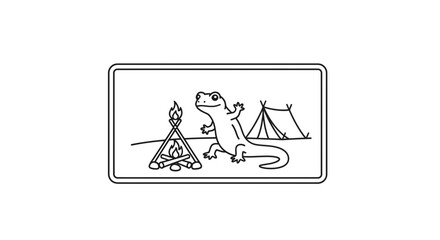 Fototapeta premium Cute cartoon lizard enjoying camping by a campfire and tent, outdoor adventure