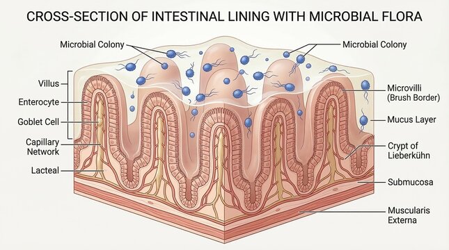 Cross-section of intestinal lining with microbial flora, anatomy illustration