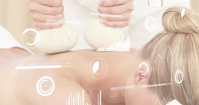 Spa therapist placing herbal pouches on client's back, pressing to ease tension, HUD tracking