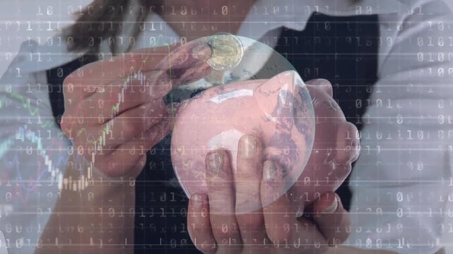 Woman bringing coin inserting into piggybank, globe over hands and charts linking saving to finance