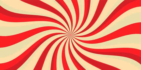 Retro red background with vintage circus sunburst. Psychedelic colorful swirl poster, abstract pattern in 70s carnival style. Hypnotic sunburst vector illustration.
