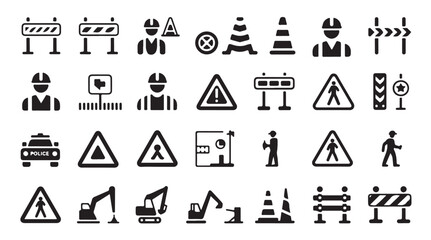 Fototapeta premium Road construction and safety icons, traffic control, workers, barriers, cones, signs