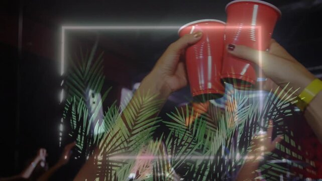 Lead singer singing music at club, neon overlay palm frond sparking crowd raising red cups clinking