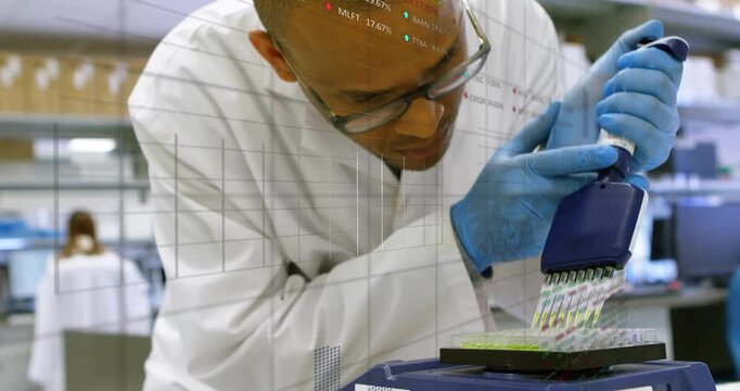 Vertical video: Leaning gloved lab tech pipetting with blue 8ch pipette in lab, loading well plate