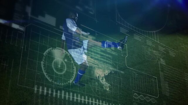 Male soccer player running to ball, planting foot, kicking while target centering for sports data