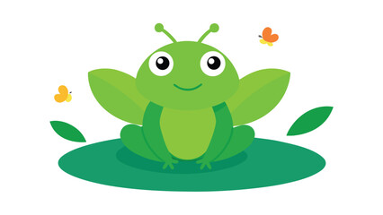 Fototapeta premium A lime green cartoon frog with large eyes sitting on a dark green lily pad with three small orange butterflies against a white background.