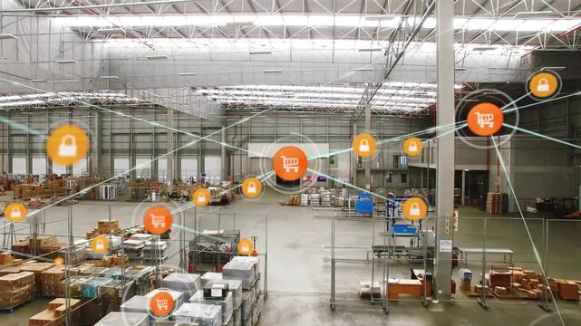 Warehouse showing growing logistics overlay on first cart pop, overlaying storage rows for security
