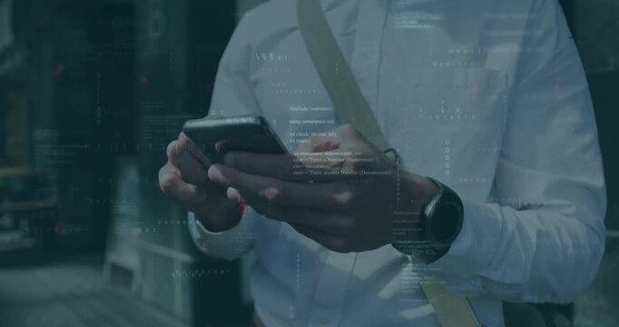 Male commuter tapping smartphone on urban walkway, generating tech code overlay while scanning data