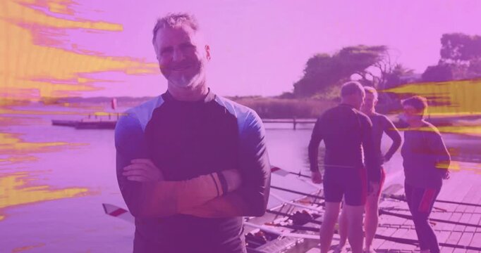 Coach standing on dock, crew adjusting oars starting rowing launch while magenta glitch obscuring