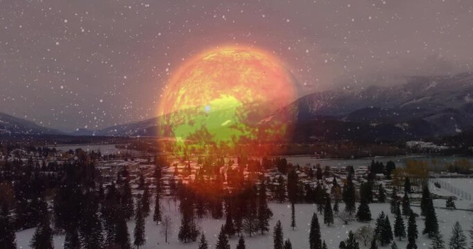 Sun-like orb fading in, pulsing and shifting patterns over snowy valley, highlighting center