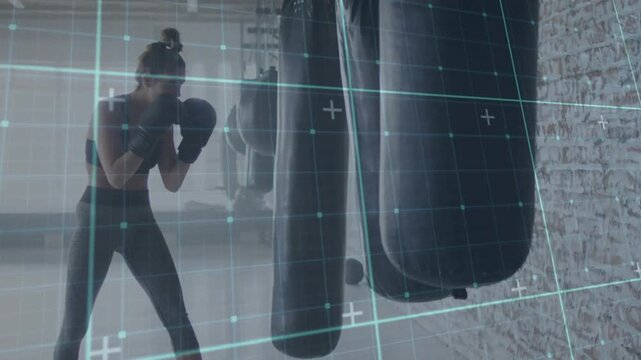 Female boxer starting stance, training boxing with jabs and hooks while turquoise grid marking bags