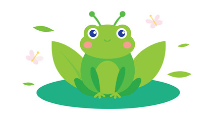Fototapeta premium A green cartoon frog with blue eyes and pink cheeks sitting on a lily pad with two pink butterflies and floating green leaves on white.