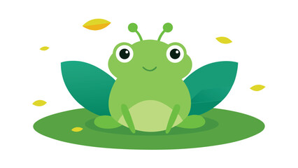Fototapeta premium A simple green cartoon frog sitting on a circular lily pad with large green leaves and yellow foliage floating around it on a white background.