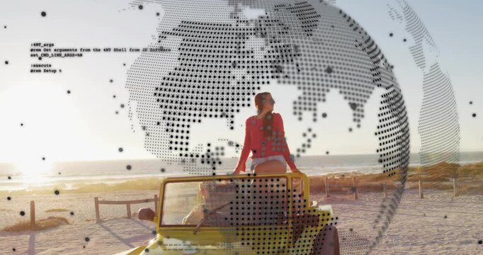 Woman climbing onto buggy posing toward ocean while dotted-globe shifting obscuring view for travel