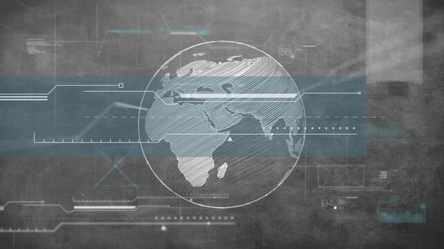 Curved arc drawing in, globe appearing and rotating while HUD elements measuring global data focus