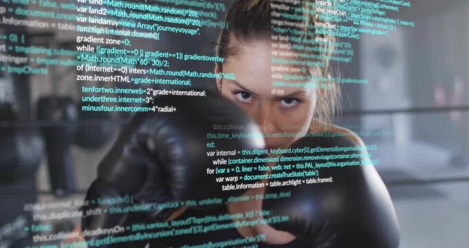 Female boxer initiating guard-to-jab sequence in boxing ring, training while code overlay scrolling